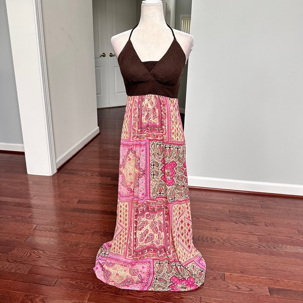 XOXO Brown Crochet Top Pink Unique Pattern Paisley Earthy Feminine Maxi Dress